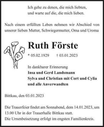 Traueranzeige von Ruth Förste  von Magdeburger Volksstimme