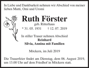 Traueranzeige von Ruth Förster (geb. Ritterhaus)  von Magdeburger Volksstimme
