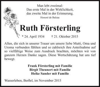 Traueranzeige von Ruth Försterling  von Magdeburger Volksstimme