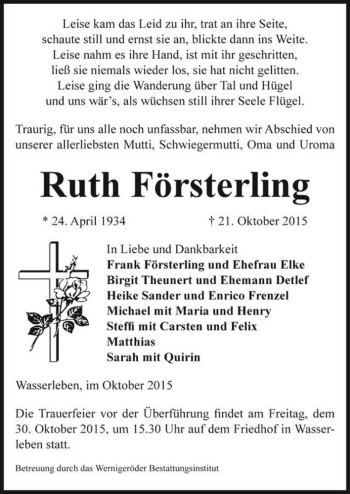 Traueranzeige von Ruth Försterling  von Magdeburger Volksstimme