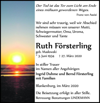 Traueranzeige von Ruth Försterling (geb. Maslowski)  von Magdeburger Volksstimme