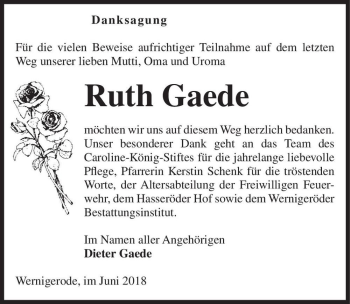 Traueranzeige von Ruth Gaede  von Magdeburger Volksstimme