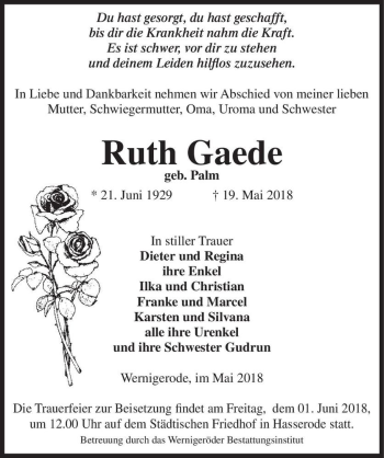 Traueranzeige von Ruth Gaede (geb. Palm)  von Magdeburger Volksstimme