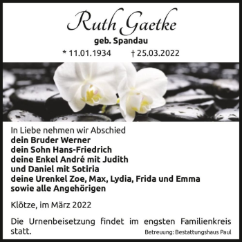 Traueranzeige von Ruth Gaetke (geb. Spandau)  von Magdeburger Volksstimme