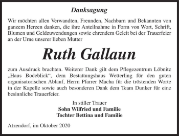 Traueranzeige von Ruth Gallaun  von Magdeburger Volksstimme