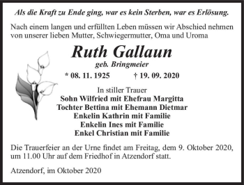 Traueranzeige von Ruth Gallaun (geb. Bringmeier)  von Magdeburger Volksstimme