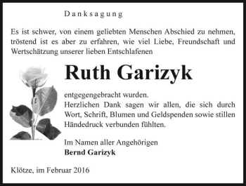 Traueranzeige von Ruth Garizyk  von Magdeburger Volksstimme