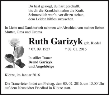 Traueranzeige von Ruth Garizyk (geb. Riedel)  von Magdeburger Volksstimme