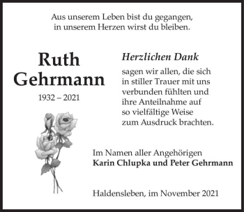 Traueranzeige von Ruth Gehrmann  von Magdeburger Volksstimme