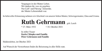 Traueranzeige von Ruth Gehrmann (geb. Lasch)  von Magdeburger Volksstimme