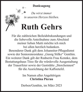 Traueranzeige von Ruth Gehrs  von Magdeburger Volksstimme