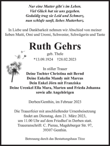 Traueranzeige von Ruth Gehrs (geb. Thele)  von Magdeburger Volksstimme