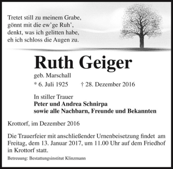 Traueranzeige von Ruth Geiger (geb. Marschall)  von Magdeburger Volksstimme