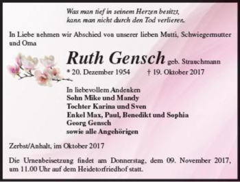 Traueranzeige von Ruth Gensch (geb. Strauchmann)  von Magdeburger Volksstimme