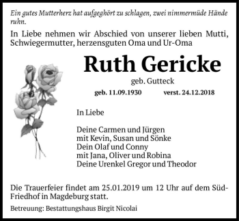 Traueranzeige von Ruth Gericke (geb. Gutteck)  von Magdeburger Volksstimme