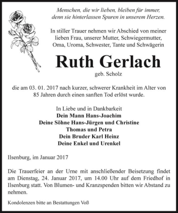 Traueranzeige von Ruth Gerlach (geb. Scholz)  von Magdeburger Volksstimme