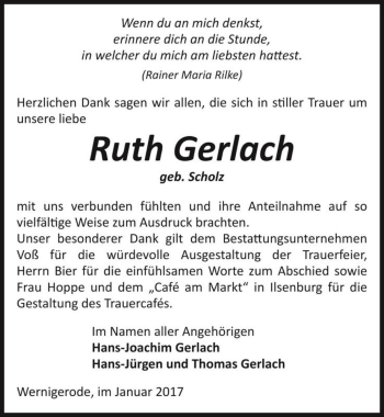 Traueranzeige von Ruth Gerlach (geb. Scholz)  von Magdeburger Volksstimme