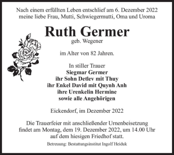 Traueranzeige von Ruth Germer (geb. Wegener)  von Magdeburger Volksstimme