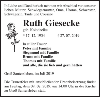 Traueranzeige von Ruth Giesecke (geb. Kolodzeike)  von Magdeburger Volksstimme