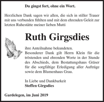 Traueranzeige von Ruth Girgsdies  von Magdeburger Volksstimme