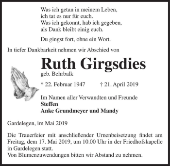 Traueranzeige von Ruth Girgsdies (geb. Behrbalk)  von Magdeburger Volksstimme
