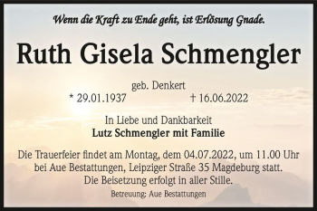 Traueranzeige von Ruth Gisela Schmengler (geb. Denkert)  von Magdeburger Volksstimme