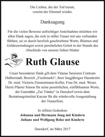 Traueranzeige von Ruth Glause  von Magdeburger Volksstimme