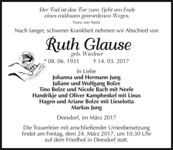 Traueranzeige von Ruth Glause (geb. Wiedner)  von Magdeburger Volksstimme