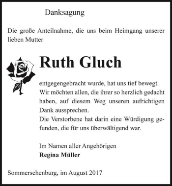 Traueranzeige von Ruth Gluch  von Magdeburger Volksstimme