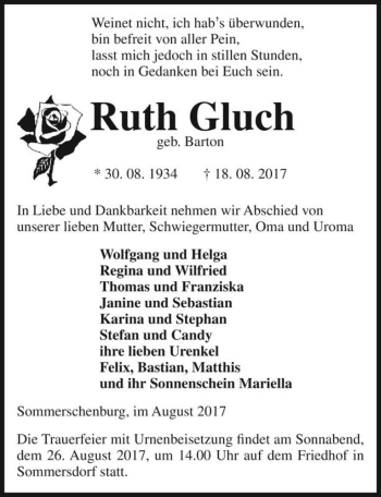 Traueranzeige von Ruth Gluch (geb. Barton)  von Magdeburger Volksstimme