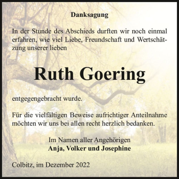 Traueranzeige von Ruth Goering  von Magdeburger Volksstimme