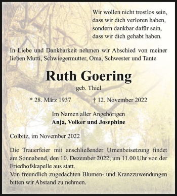 Traueranzeige von Ruth Goering (geb. Thiel)  von Magdeburger Volksstimme