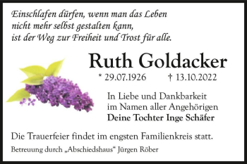 Traueranzeige von Ruth Goldacker  von Magdeburger Volksstimme