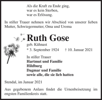 Traueranzeige von Ruth Gose (geb. Kühnast)  von Magdeburger Volksstimme