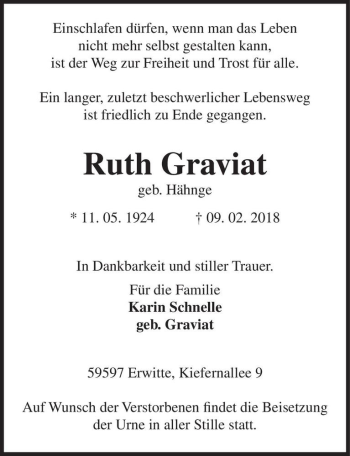 Traueranzeige von Ruth Graviat (geb. Hähnge)  von Magdeburger Volksstimme