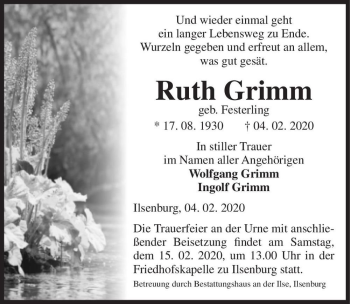 Traueranzeige von Ruth Grimm (geb. Festerling)  von Magdeburger Volksstimme