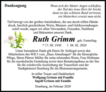 Traueranzeige von Ruth Grimm (geb. Festerling)  von Magdeburger Volksstimme