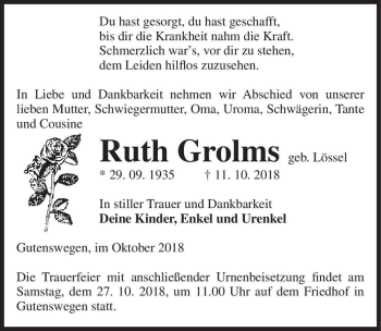Traueranzeige von Ruth Grolms (geb. Lössel)  von Magdeburger Volksstimme