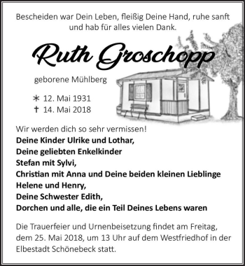 Traueranzeige von Ruth Groschopp (geb. Mühlberg)  von Magdeburger Volksstimme