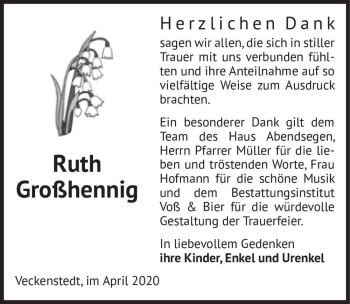 Traueranzeige von Ruth Großhennig  von Magdeburger Volksstimme