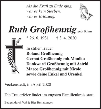 Traueranzeige von Ruth Großhenning (geb. Klaus)  von Magdeburger Volksstimme