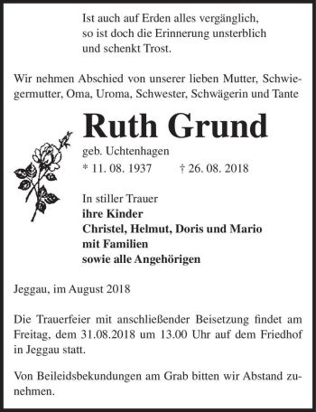 Traueranzeige von Ruth Grund (geb. Uchtenhage)  von Magdeburger Volksstimme