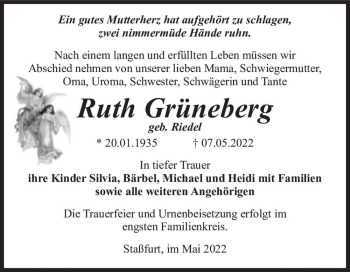 Traueranzeige von Ruth Grüneberg (geb. Riedel)  von Magdeburger Volksstimme