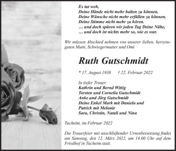 Traueranzeige von Ruth Gutschmidt  von Magdeburger Volksstimme