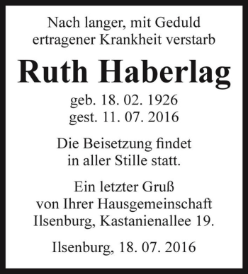 Traueranzeige von Ruth Haberlag  von Magdeburger Volksstimme