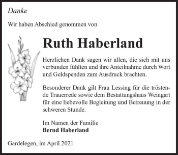 Traueranzeige von Ruth Haberland  von Magdeburger Volksstimme