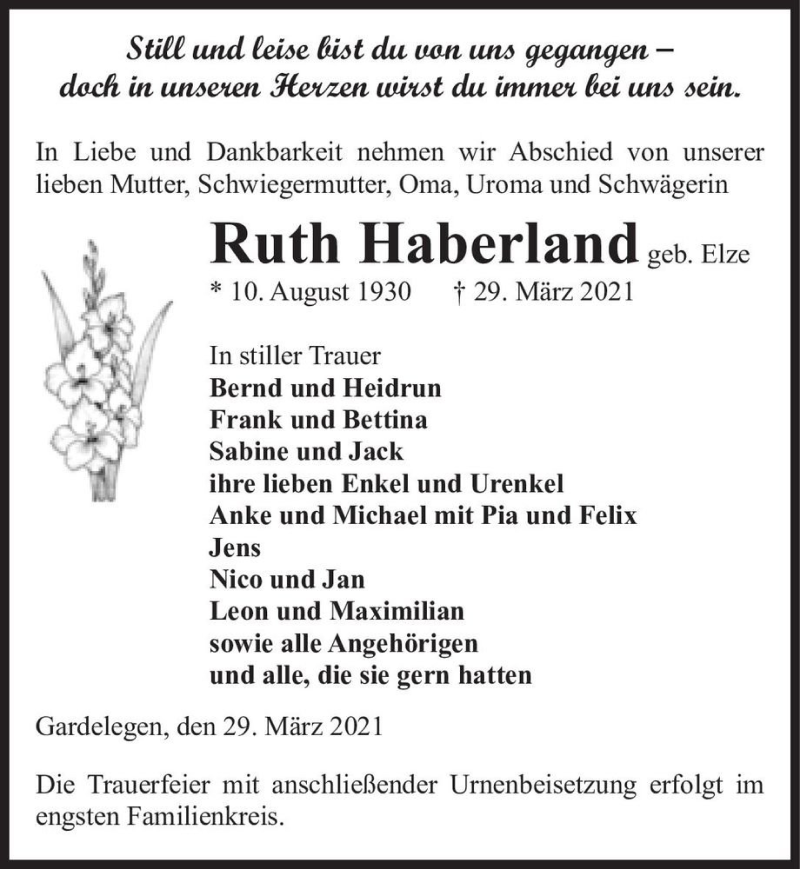  Traueranzeige für Ruth Haberland (geb. Elze)  vom 01.04.2021 aus Magdeburger Volksstimme