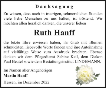 Traueranzeige von Ruth Hanff  von Magdeburger Volksstimme
