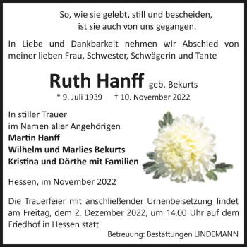 Traueranzeige von Ruth Hanff (geb. Bekurts)  von Magdeburger Volksstimme