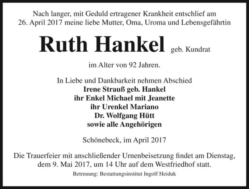  Traueranzeige für Ruth Hankel (geb. Kundrat)  vom 29.04.2017 aus Magdeburger Volksstimme